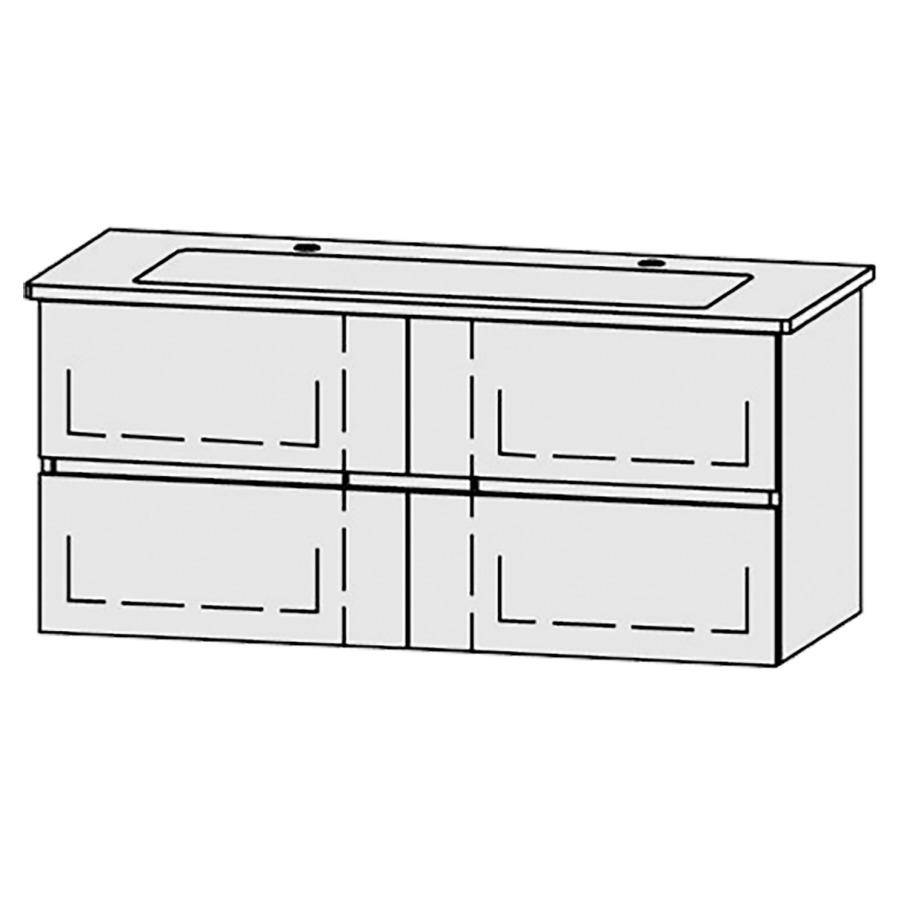 Élément inférieur  Vanity Venticello Line
116 x 52 x 48.8 cm
2&nbsp;éléments de tiroir, 2&nbsp;tiroirs chacune
avec Blumotion
niche pour le siphon
pour lavabo
2 trous pour robinetterie