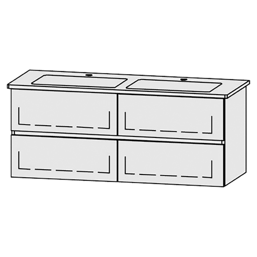 Élément inférieur  Vanity Venticello Line
126 x 52 x 48.8 cm
2&nbsp;éléments de tiroir, 2&nbsp;tiroirs chacune
avec Blumotion
2 caches-siphon
pour lavabo double