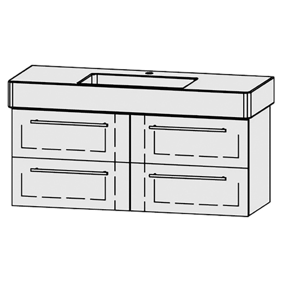 Élément inférieur  Vanity Vero
121 x 50 x 46 cm
2&nbsp;éléments de tiroir, 2&nbsp;tiroirs chacune
avec Blumotion
niche pour le siphon
pour lavabo