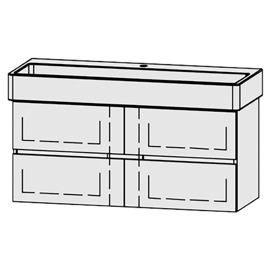 Élément inférieur  Vanity Vero/Vero Air Line
115 x 52 x 45 cm
2&nbsp;éléments de tiroir, 2&nbsp;tiroirs chacune
avec Blumotion
niche pour le siphon
pour lavabo
1 trou pour robinetterie