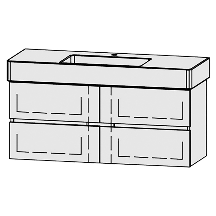Élément inférieur  Vanity Vero Line
121 x 52 x 46 cm
2&nbsp;éléments de tiroir, 2&nbsp;tiroirs chacune
avec Blumotion
niche pour le siphon
pour lavabo
