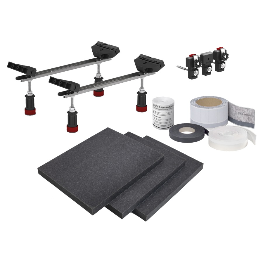 Kit d'étanchéité et d'insonorisation 3S+
pour baignoires en acier Kaldewei
H 13.5-26.5 cm réglable
1 pied pour baignoire
2 traverses, 4 pieds à vis réglables en hauteur
4 capuchons ADS avec sous-couche en sylomère
3 ancrages de baignoire, dont 2 avec étrier de serrage
1 rouleau Aquaproof 4.0 m, bande d'étanchéité en butyle
1 rouleau de bande d'isolation acoustique 4.0 m
1 rouleau de bande de séparation de carrelage 4.0 m
1 rouleau de bande d'insonorisation 3.3 m
3 Tapis d'isolation acoustique
avec matériel de fixation
pour exigences accrues selon SIA 181