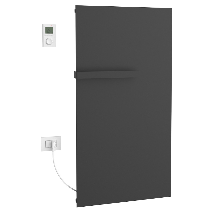 Radiateur de bain Ice Bagno
short E, 76,5 x 122 cm, 1000 W
raccordement électrique 230 V
tige de chauffage à gauche
récepteur IP40, télécommande
radio IP30, programmable
porte-serviette court
réversible, matériel de
fixation