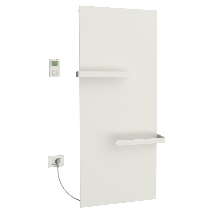 Radiateur de bain Ice Bagno
short E, 46,5 x 152 cm, 700 W
raccordement électrique 230 V
tige de chauffage à gauche
récepteur IP40, télécommande
radio IP30, programmable
2 porte-serviette court
réversible, matériel de
fixation