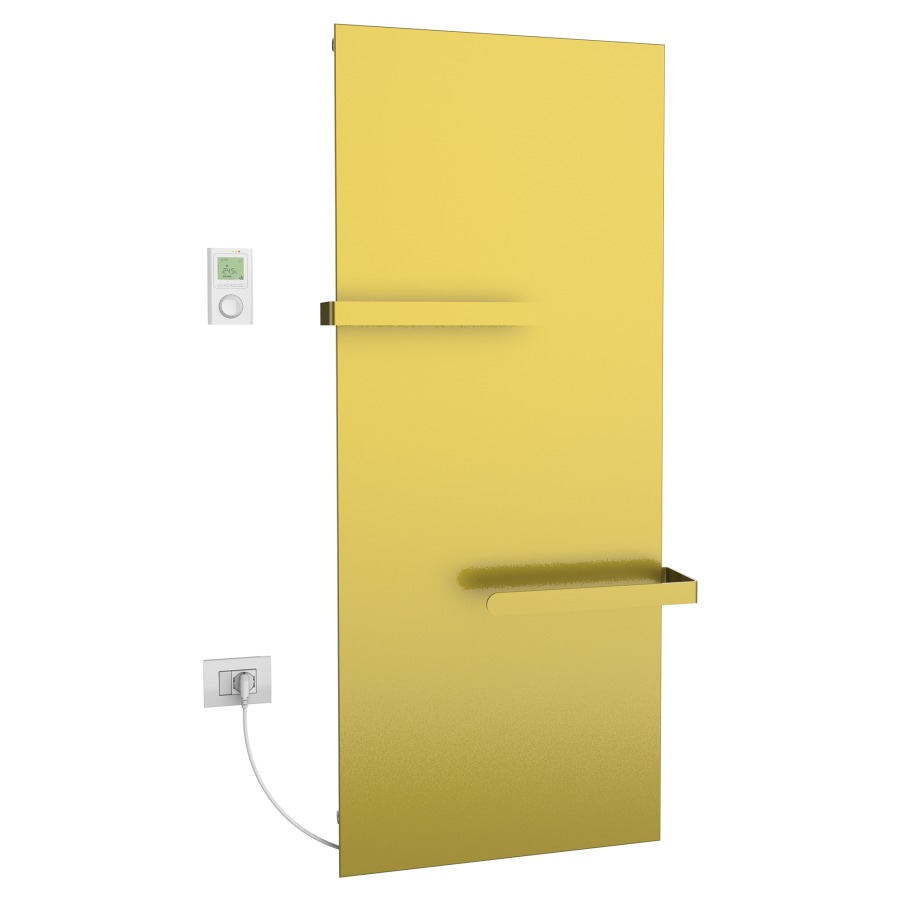 Radiateur de bain Ice Bagno
short E, 46,5 x 152 cm, 700 W
raccordement électrique 230 V
tige de chauffage à gauche
récepteur IP40, télécommande
radio IP30, programmable
2 porte-serviette court
réversible, matériel de
fixation
