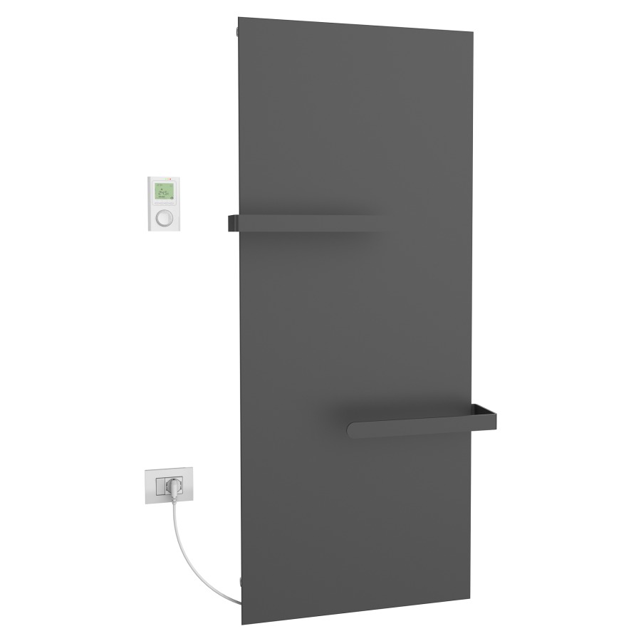 Radiateur de bain Ice Bagno
short E, 46,5 x 152 cm, 700 W
raccordement électrique 230 V
tige de chauffage à gauche
récepteur IP40, télécommande
radio IP30, programmable
2 porte-serviette court
réversible, matériel de
fixation