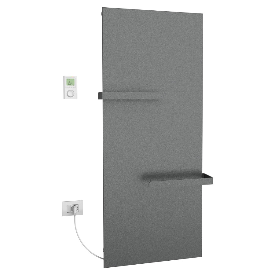Radiateur de bain Ice Bagno
short E, 46,5 x 152 cm, 700 W
raccordement électrique 230 V
tige de chauffage à gauche
récepteur IP40, télécommande
radio IP30, programmable
2 porte-serviette court
réversible, matériel de
fixation