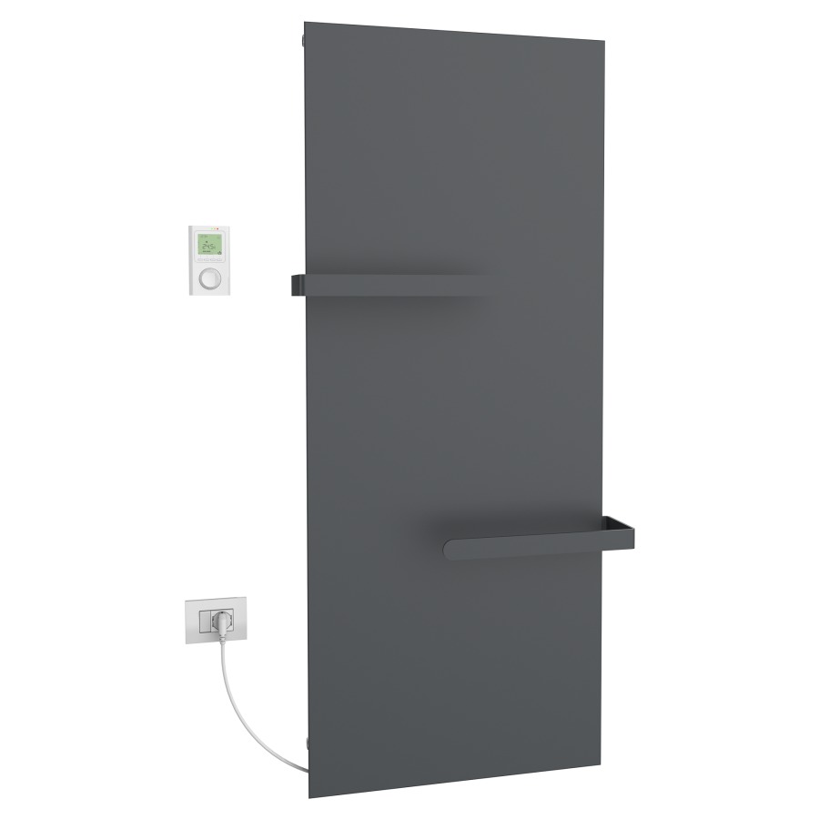 Radiateur de bain Ice Bagno
short E, 46,5 x 152 cm, 700 W
raccordement électrique 230 V
tige de chauffage à gauche
récepteur IP40, télécommande
radio IP30, programmable
2 porte-serviette court
réversible, matériel de
fixation
