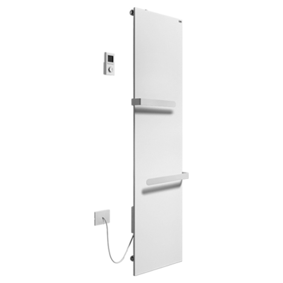 Radiateur de bain Ice Bagno
short E, 61,5 x 152 cm, 1000 W
raccordement électrique 230 V
tige de chauffage à gauche
récepteur IP40, télécommande
radio IP30, programmable
2 porte-serviette court
réversible, matériel de
fixation
