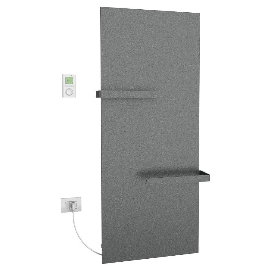 Radiateur de bain Ice Bagno
short E, 61,5 x 152 cm, 1000 W
raccordement électrique 230 V
tige de chauffage à gauche
récepteur IP40, télécommande
radio IP30, programmable
2 porte-serviette court
réversible, matériel de
fixation