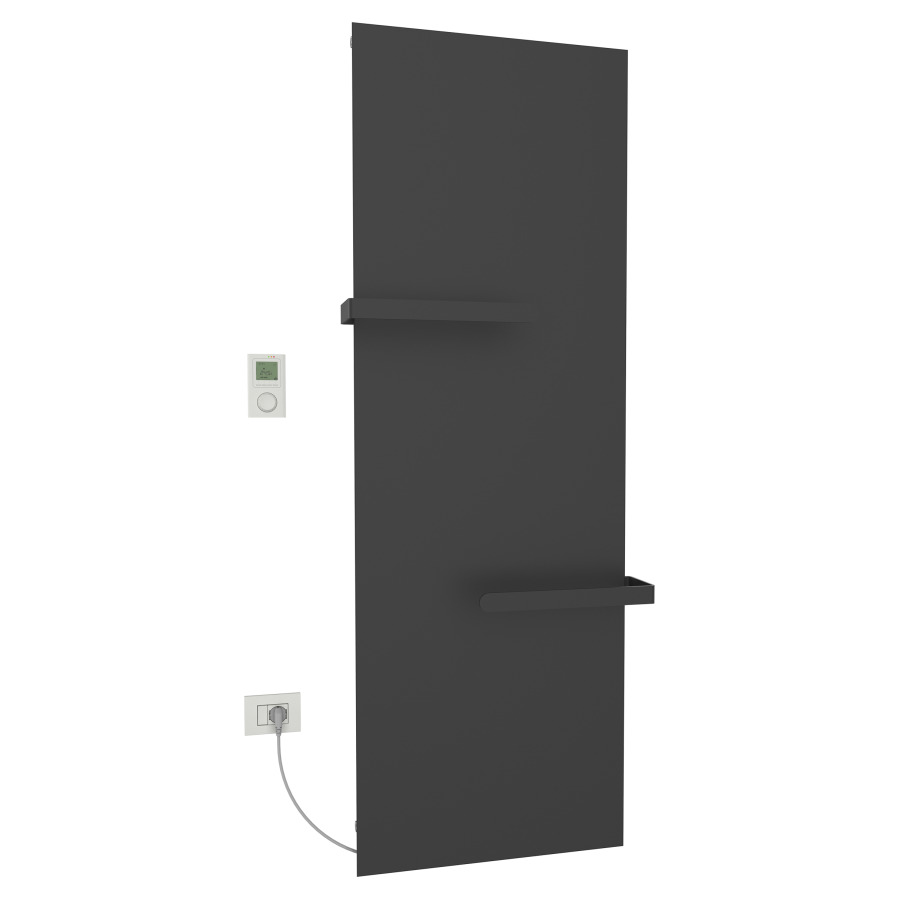 Radiateur de bain Ice Bagno
short E, 54 x 182 cm, 1000 W
raccordement électrique 230 V
tige de chauffage à gauche
récepteur IP40, télécommande
radio IP30, programmable
2 porte-serviette court
réversible, matériel de
fixation