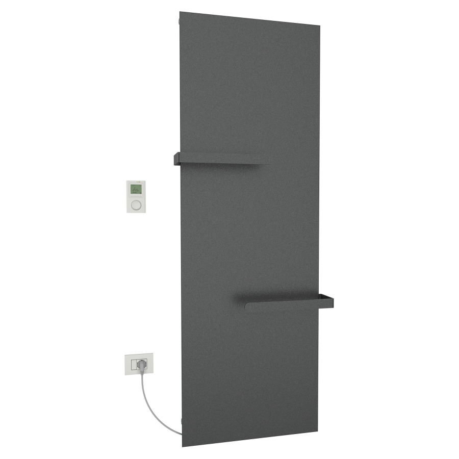 Radiateur de bain Ice Bagno
short E, 61,5 x 182 cm, 1400 W
raccordement électrique 230 V
tige de chauffage à gauche
récepteur IP40, télécommande
radio IP30, programmable
2 porte-serviette court
réversible, matériel de
fixation