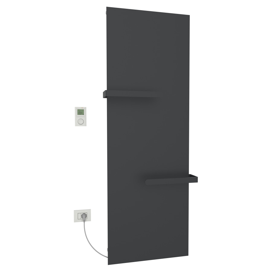 Radiateur de bain Ice Bagno
short E, 61,5 x 182 cm, 1400 W
raccordement électrique 230 V
tige de chauffage à gauche
récepteur IP40, télécommande
radio IP30, programmable
2 porte-serviette court
réversible, matériel de
fixation