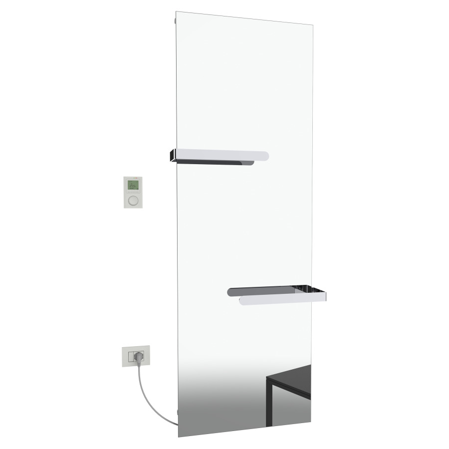 Radiateur de bain Ice Bagno
short E, 61,5 x 182 cm, 1400 W
raccordement électrique 230 V
tige de chauffage à gauche
récepteur IP40, télécommande
radio IP30, programmable
2 porte-serviette court
réversible, matériel de
fixation