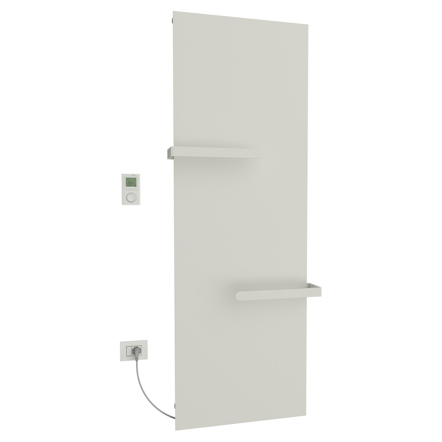 Radiateur de bain Ice Bagno
short E, 76,5 x 182 cm, 1400 W
raccordement électrique 230 V
tige de chauffage à gauche
récepteur IP40, télécommande
radio IP30, programmable
2 porte-serviette court
réversible, matériel de
fixation