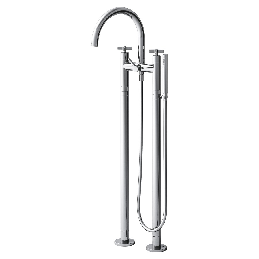 Batterie de bain Cross Road
modèle à poser
raccordement 3/4", hauteur
d'écoulement 1010 mm, S 284 mm
tuyau de douche, douche
à main, support de douche